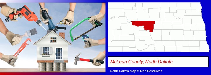 home improvement concepts and tools; McLean County, North Dakota highlighted in red on a map
