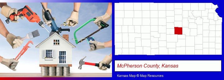 home improvement concepts and tools; McPherson County, Kansas highlighted in red on a map
