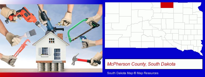home improvement concepts and tools; McPherson County, South Dakota highlighted in red on a map