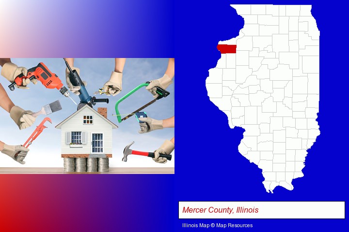 home improvement concepts and tools; Mercer County, Illinois highlighted in red on a map