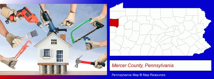 home improvement concepts and tools; Mercer County, Pennsylvania highlighted in red on a map