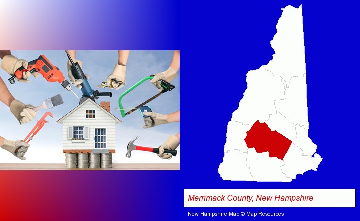 home improvement concepts and tools; Merrimack County, New Hampshire highlighted in red on a map