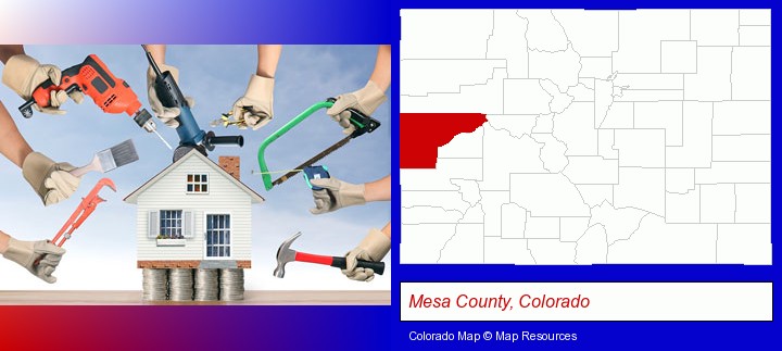 home improvement concepts and tools; Mesa County, Colorado highlighted in red on a map