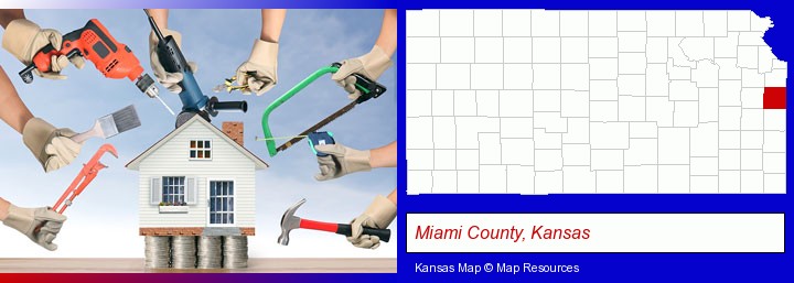 home improvement concepts and tools; Miami County, Kansas highlighted in red on a map
