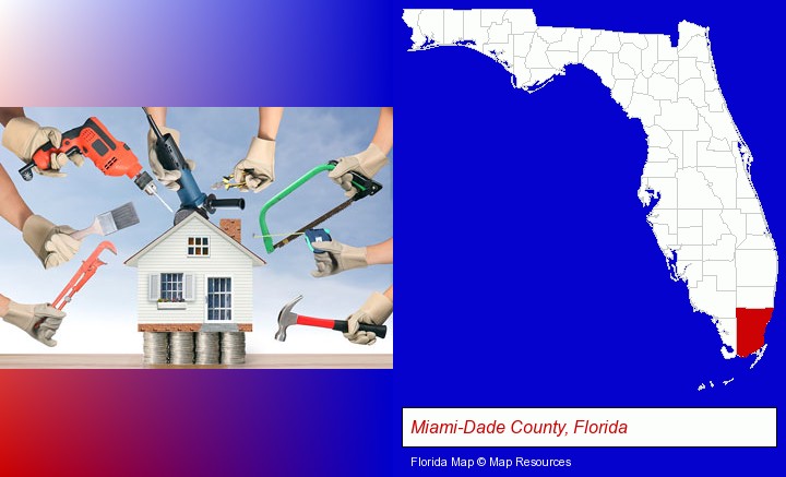 home improvement concepts and tools; Miami-Dade County, Florida highlighted in red on a map