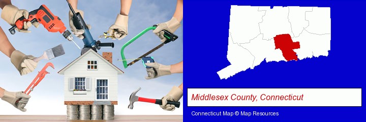home improvement concepts and tools; Middlesex County, Connecticut highlighted in red on a map