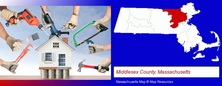 home improvement concepts and tools; Middlesex County, Massachusetts highlighted in red on a map