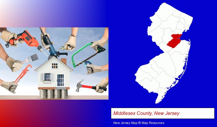 home improvement concepts and tools; Middlesex County, New Jersey highlighted in red on a map