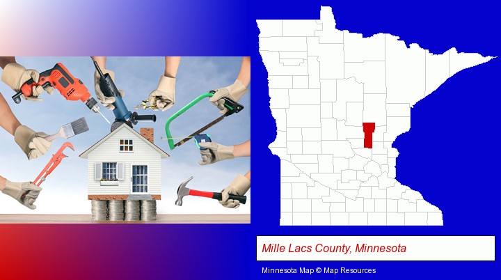 home improvement concepts and tools; Mille Lacs County, Minnesota highlighted in red on a map