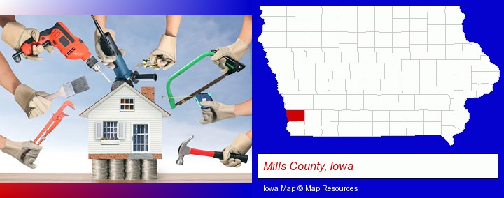 home improvement concepts and tools; Mills County, Iowa highlighted in red on a map