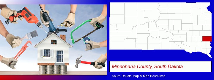 home improvement concepts and tools; Minnehaha County, South Dakota highlighted in red on a map