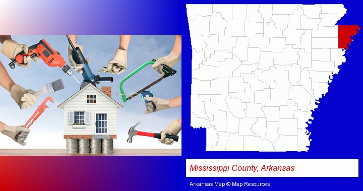 home improvement concepts and tools; Mississippi County, Arkansas highlighted in red on a map