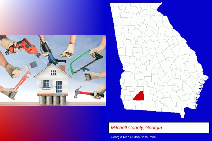 home improvement concepts and tools; Mitchell County, Georgia highlighted in red on a map