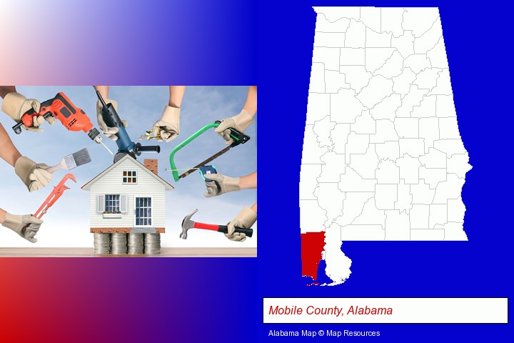 home improvement concepts and tools; Mobile County, Alabama highlighted in red on a map