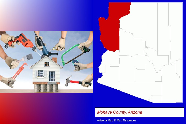 home improvement concepts and tools; Mohave County, Arizona highlighted in red on a map