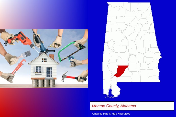 home improvement concepts and tools; Monroe County, Alabama highlighted in red on a map
