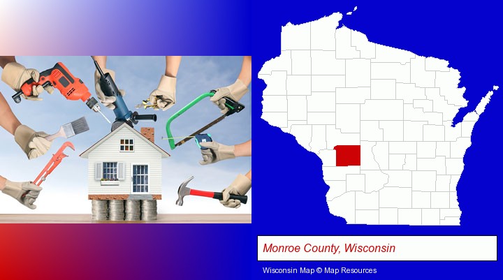 home improvement concepts and tools; Monroe County, Wisconsin highlighted in red on a map