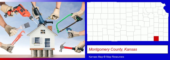 home improvement concepts and tools; Montgomery County, Kansas highlighted in red on a map