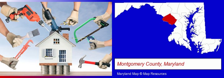 home improvement concepts and tools; Montgomery County, Maryland highlighted in red on a map