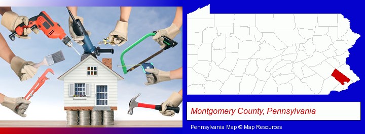 home improvement concepts and tools; Montgomery County, Pennsylvania highlighted in red on a map