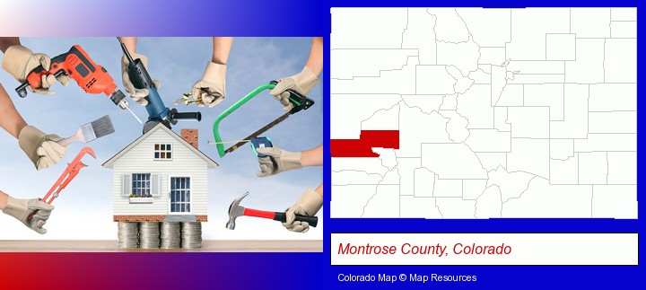 home improvement concepts and tools; Montrose County, Colorado highlighted in red on a map