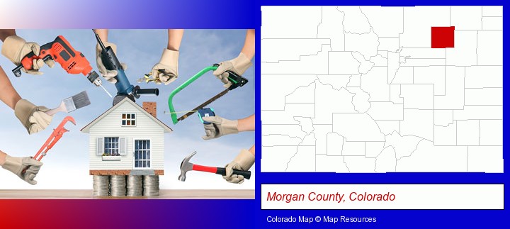 home improvement concepts and tools; Morgan County, Colorado highlighted in red on a map