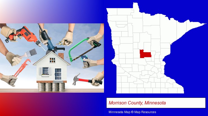 home improvement concepts and tools; Morrison County, Minnesota highlighted in red on a map