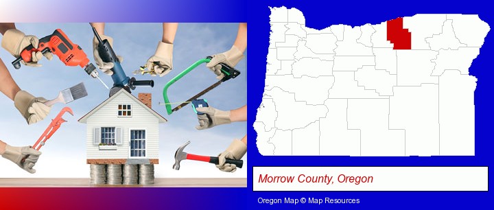 home improvement concepts and tools; Morrow County, Oregon highlighted in red on a map