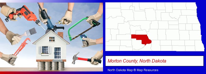 home improvement concepts and tools; Morton County, North Dakota highlighted in red on a map