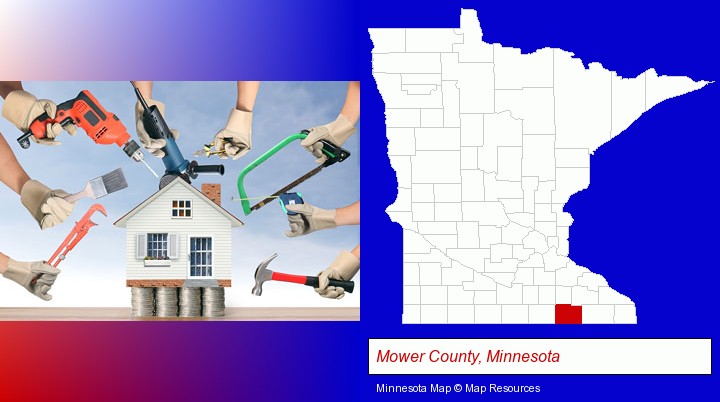 home improvement concepts and tools; Mower County, Minnesota highlighted in red on a map