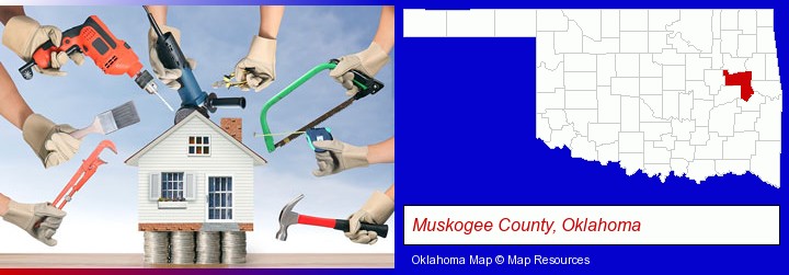 home improvement concepts and tools; Muskogee County, Oklahoma highlighted in red on a map