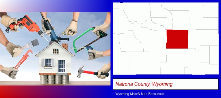 home improvement concepts and tools; Natrona County, Wyoming highlighted in red on a map