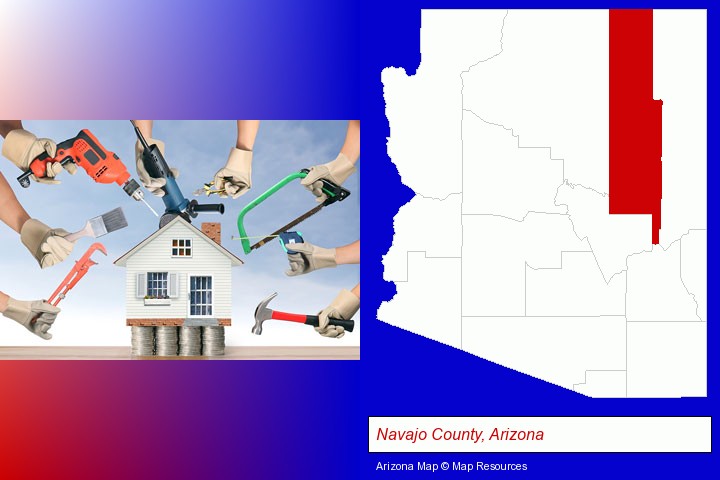 home improvement concepts and tools; Navajo County, Arizona highlighted in red on a map