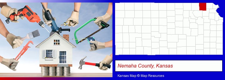 home improvement concepts and tools; Nemaha County, Kansas highlighted in red on a map