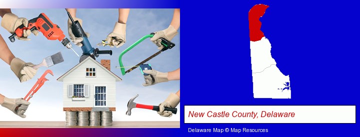 home improvement concepts and tools; New Castle County, Delaware highlighted in red on a map