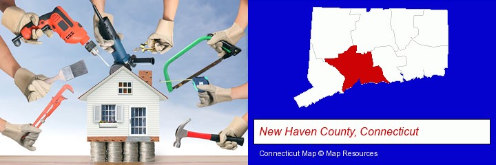 home improvement concepts and tools; New Haven County, Connecticut highlighted in red on a map