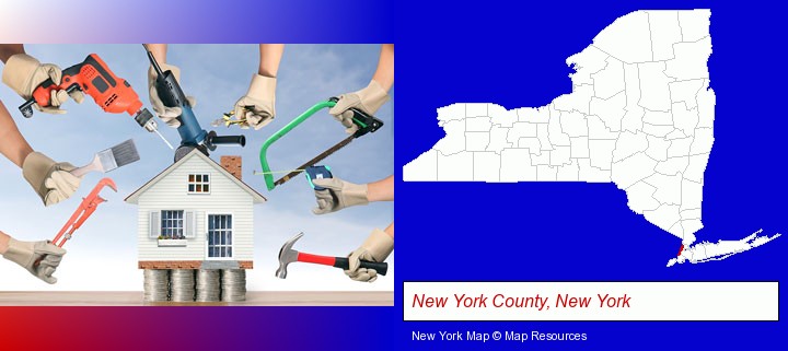 home improvement concepts and tools; New York County, New York highlighted in red on a map