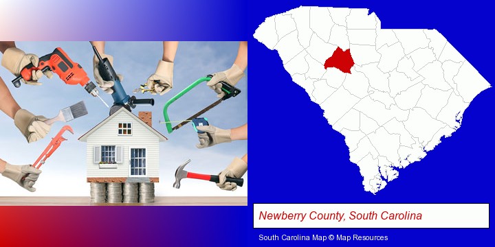 home improvement concepts and tools; Newberry County, South Carolina highlighted in red on a map