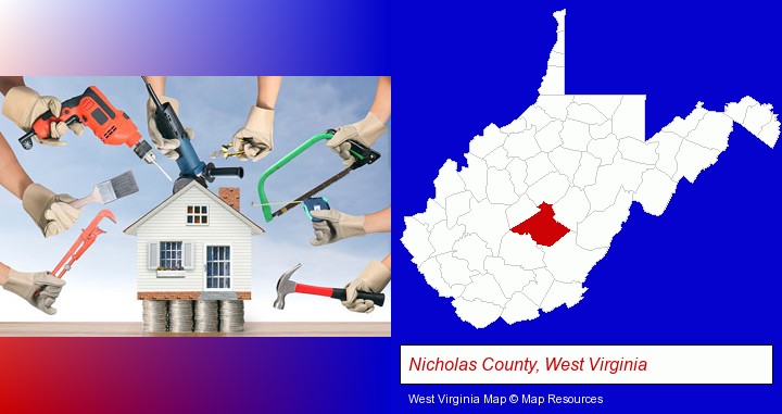 home improvement concepts and tools; Nicholas County, West Virginia highlighted in red on a map