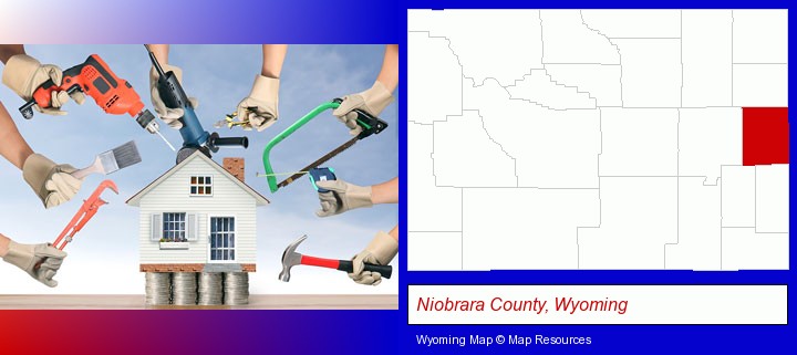 home improvement concepts and tools; Niobrara County, Wyoming highlighted in red on a map
