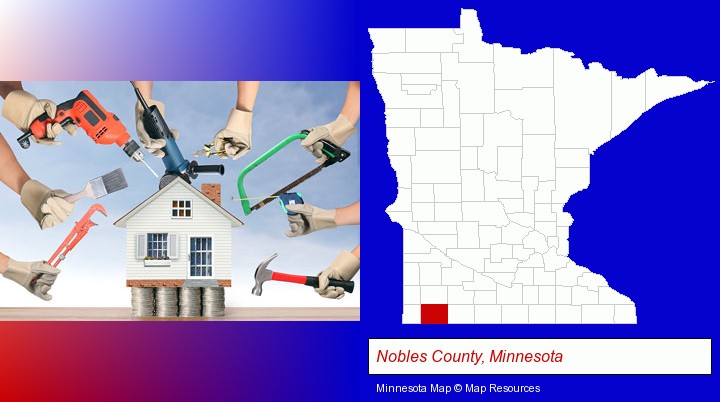 home improvement concepts and tools; Nobles County, Minnesota highlighted in red on a map