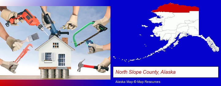 home improvement concepts and tools; North Slope County, Alaska highlighted in red on a map