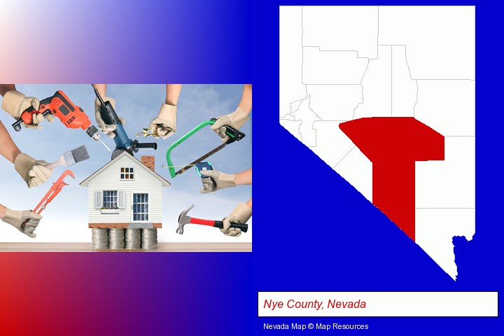 home improvement concepts and tools; Nye County, Nevada highlighted in red on a map