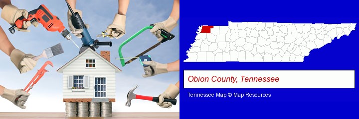 home improvement concepts and tools; Obion County, Tennessee highlighted in red on a map