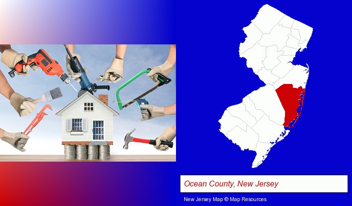 home improvement concepts and tools; Ocean County, New Jersey highlighted in red on a map