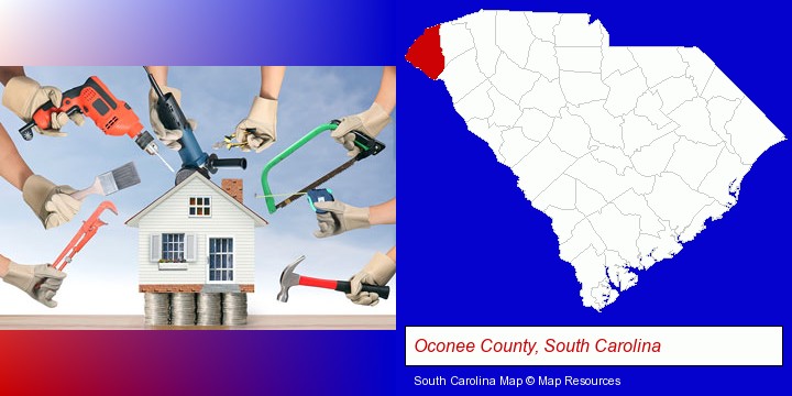 home improvement concepts and tools; Oconee County, South Carolina highlighted in red on a map