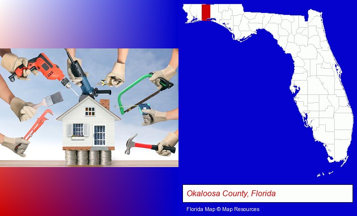 home improvement concepts and tools; Okaloosa County, Florida highlighted in red on a map