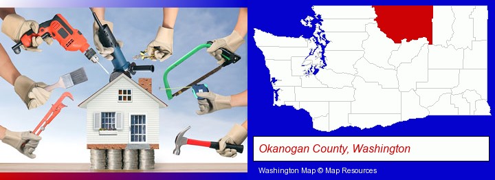 home improvement concepts and tools; Okanogan County, Washington highlighted in red on a map