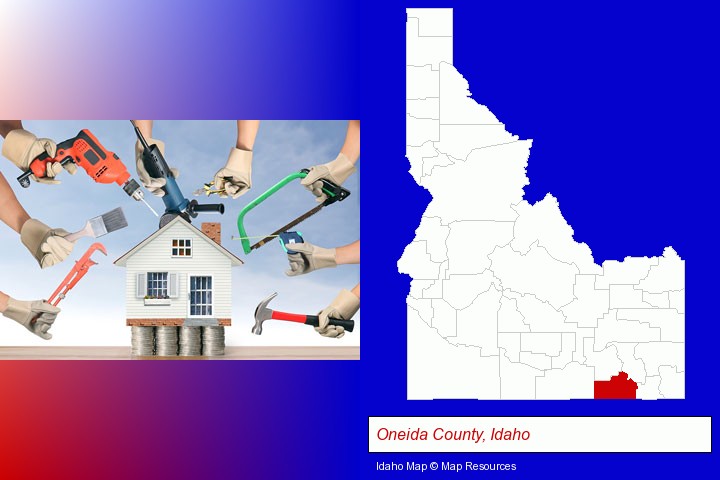 home improvement concepts and tools; Oneida County, Idaho highlighted in red on a map