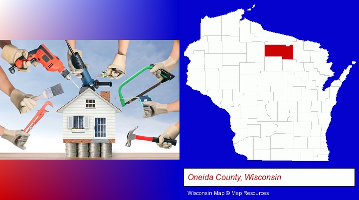 home improvement concepts and tools; Oneida County, Wisconsin highlighted in red on a map